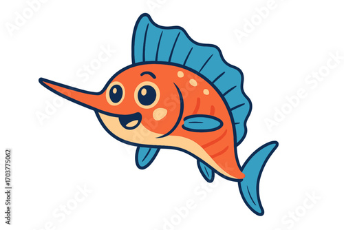 Vibrant cartoon sailfish, orange body, blue fins, dorsal fin, smiling. Great for kids' books, education, aquatic decor, ocean designs, digital art, joyful marine creature, friendly illustration, playf