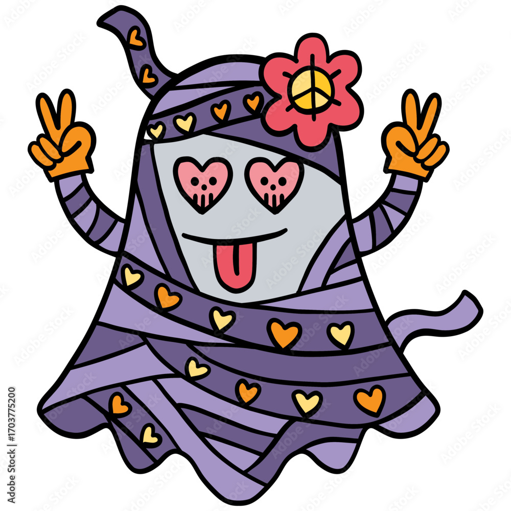Fototapeta premium halloween illustration. Cute cartoon ghost with heart eyes, peace sign hands, and flower accessory.