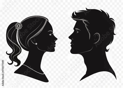 Silhouette of a man and woman facing each other in profile with detailed hair and necklines shown clearly