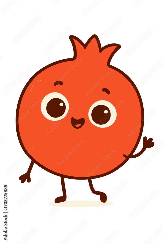 Obraz premium Cute cartoon pomegranate with a happy face, big eyes, and a glowing base on a dark background. Perfect for kids, health, and friendly brand mascots. This cheerful, anthropomorphic fruit design provide