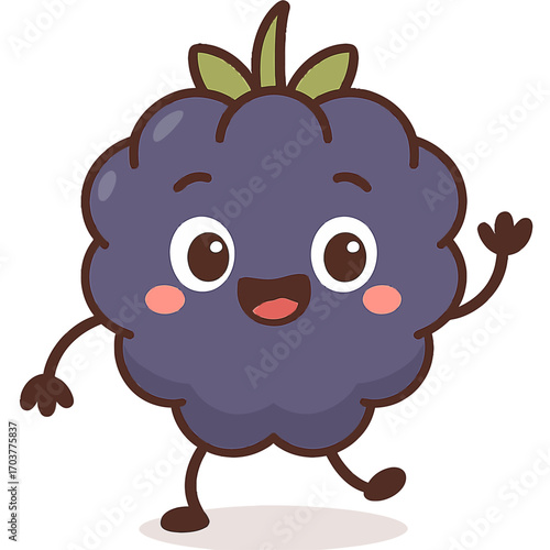 Cute cartoon blackberry character smiling and waving hello happily with big eyes and rosy cheeks, standing on a glowing platform against a dark background. An adorable, friendly, personified berry ill
