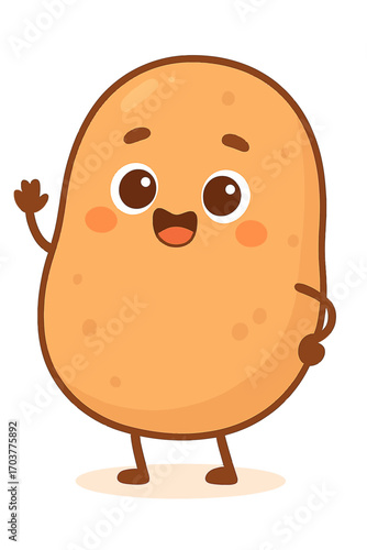 Friendly, happy cartoon potato character, smiling broadly with rosy cheeks, cutely waving a friendly hand. This adorable animated vegetable stands in a radiant spotlight against a dark background, exu