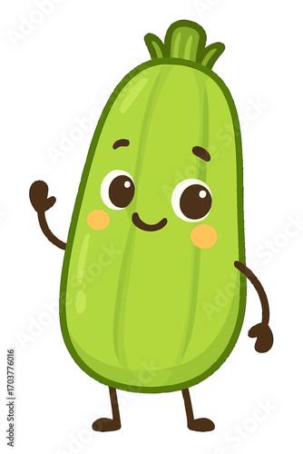 Adorable cartoon green zucchini character illustration, smiling happily and waving a friendly hello. This cheerful vegetable mascot is perfect for healthy food campaigns, kids' educational content, ga