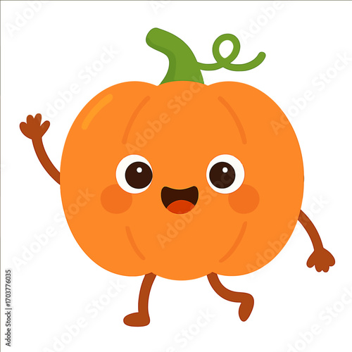 Cheerful, glowing orange pumpkin character cartoon waving hello with a big smile, rosy cheeks, and expressive eyes, perfectly embodying the spirit of autumn festivities or a friendly Halloween greetin