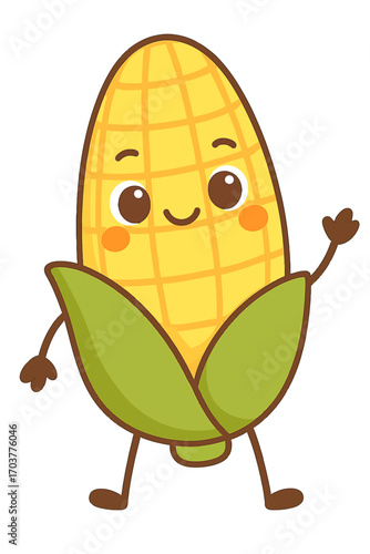 Cute, smiling cartoon corn cob character, waving. Anthropomorphic maize illustration with expressive eyes, rosy cheeks, green husks, and a warm glow. Perfect for healthy food, farm, summer, and kids'
