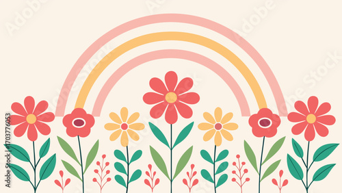 A charming illustration featuring a pastel rainbow gracefully arching over a vibrant flower bed, creating a whimsical and cheerful scene isolated on white background