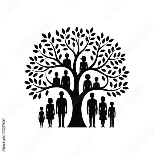 Detailed Family Tree Silhouette Illustration with Generations of People and Leafy Branches