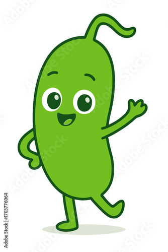 Cheerful green cartoon character, bean-shaped, with big happy smile, sparkling eyes, rosy cheeks, and a welcoming wave. This very cute mascot embodies joy, ideal for kids' content, health ed, or fun b