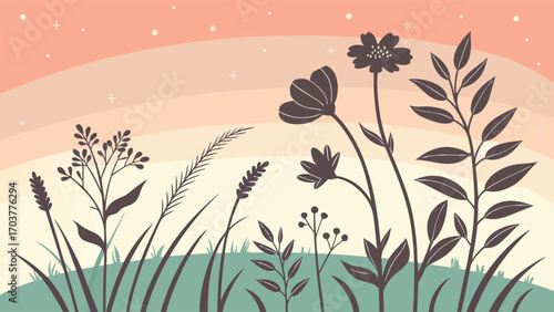 Silhouette of wildflowers and grass against a gradient sunset sky, creating a serene and natural scene with a soft, dreamy atmosphere, vector illustration
