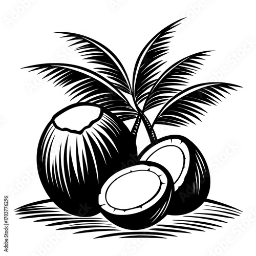 A realistic image of tropical coconuts on a beach. Two coconuts are halved, revealing the white flesh inside, while one whole coconut with a rough brown shell is in the background. They are lying on l