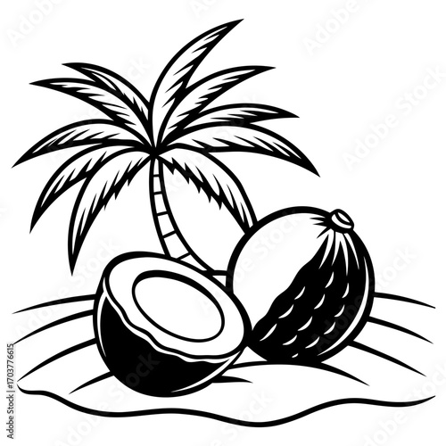 A realistic image of tropical coconuts on a beach. Two coconuts are halved, revealing the white flesh inside, while one whole coconut with a rough brown shell is in the background. They are lying on l