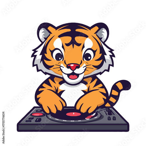 An isolated striped tiger cub, a cute cartoon illustration of a baby wild feline, is the focus of this vibrant animal art