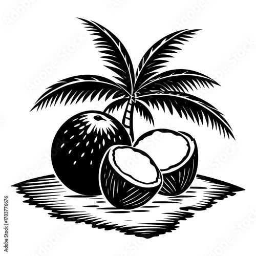 A realistic image of tropical coconuts on a beach. Two coconuts are halved, revealing the white flesh inside, while one whole coconut with a rough brown shell is in the background. They are lying on l