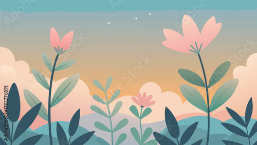 Pastel floral landscape with pink flowers and green leaves, soft sunset sky, serene and dreamy illustration, natureinspired art, calming scenery