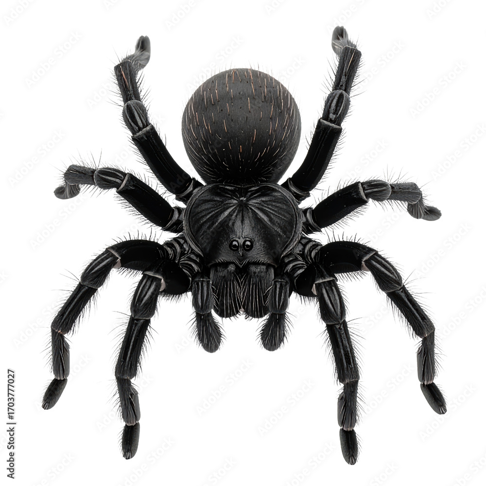 Obraz premium Spider's Intricate Presence: A black, meticulously rendered spider, showcases its detailed anatomy with precision. Its formidable posture hinting at its predatory prowess and biological marvels.