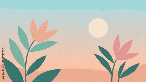 A serene landscape with flowers and sun in pastel colors, a calming and peaceful scene, perfect for backgrounds, wallpapers, and naturethemed designs