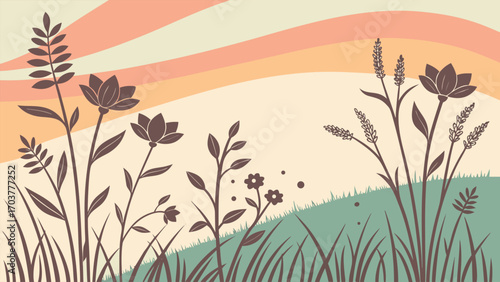 Serene meadow landscape with wildflowers and gentle hills, bathed in the warm hues of a sunset sky, creating a peaceful and idyllic scene
