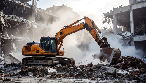 Excavator working on building demolition site with dust and debris.