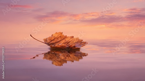Autumn leaf floating on water at sunset.