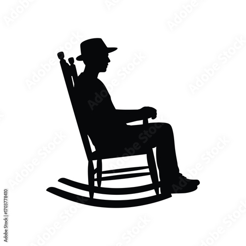 Relaxing Elderly Man Silhouette Illustration Sitting in a Rocking Chair with Hat Design