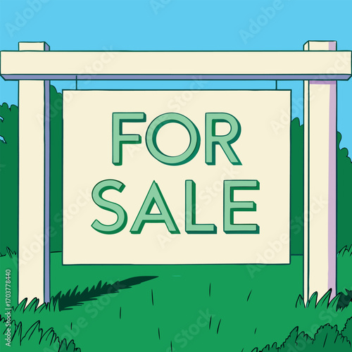Whimsical For Sale Sign Amidst Cartoonish Greenery Inviting Prospective Buyers to Inquire About the Property Listing