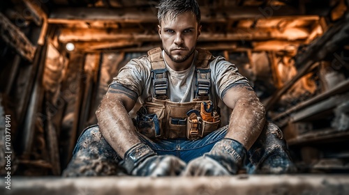Wallpaper Mural determined construction worker sits in a dusty environment wearing a tool vest and gloves. Torontodigital.ca