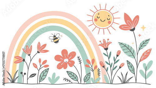 Cute spring garden with rainbow, flowers, sun, and bee isolated on white background a whimsical and cheerful illustration for kids and decor