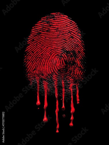 A crimson fingerprint, richly detailed, drips onto a black background, creating a stark and dramatic visual