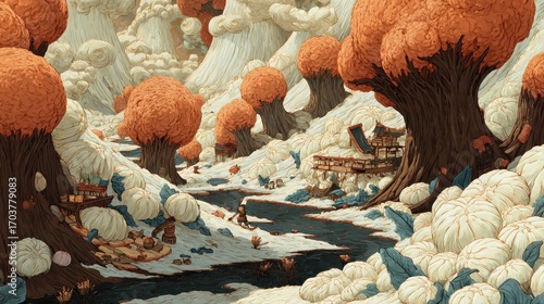 Autumnal Serenity - A Whimsical Forest Landscape in Dreamy Colors.