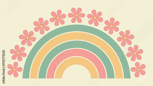 Retro rainbow with flowers, a vintageinspired design with pastel hues, perfect for adding a touch of nostalgia and charm to any project
