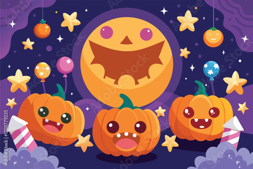 Cute Halloween background with pumpkins with smiling faces and candies. Cartoon style. Vector illustration.