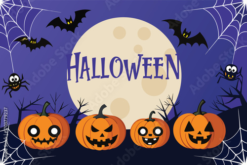 Nighttime Halloween background with pumpkins and bats. Spiders hanging down behind a large moon. Vector illustration.