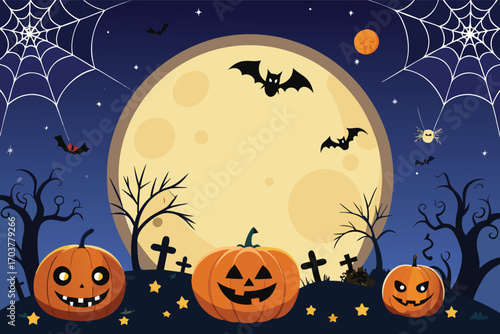 Halloween night background with pumpkins and bats. Surrounded by dry wood and gravestones. Behind a large moon. Vector illustration.