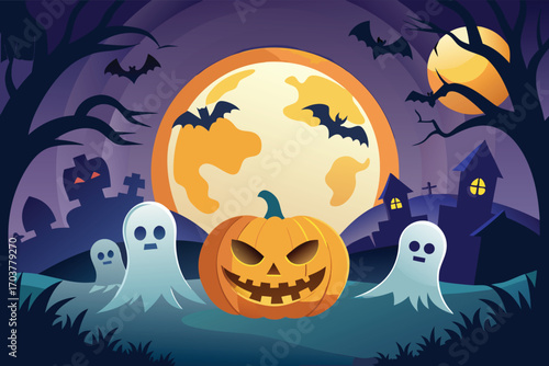 Halloween night background with a white cloth-covered ghost and pumpkins. Surrounded by houses and dead trees. Bats flying in the sky. Vector illustration.