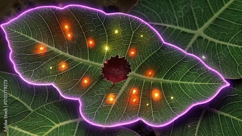 Non-representational backdrop comprising of split-leaf philodendron foliage illuminated by light-emitting diode tubing in vibrant colors