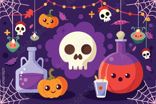 A cute Halloween background featuring a pumpkin with a smiling face and a hanging white skull with spider webs. Cartoon style vector illustration.