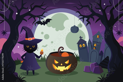 Halloween background with a witch, black cat, and pumpkin cauldron. There's a black, dead tree and bats. Behind the house is a large moon. Vector illustration.