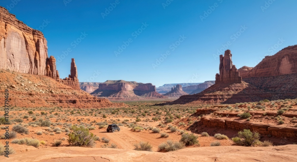 Fototapeta premium Desert landscape with sandstone buttes, a vehicle, and a vast vista