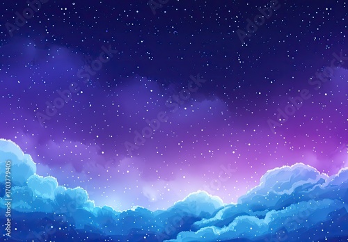 A dreamy nightscape featuring a vibrant purple and blue sky filled with stars and fluffy clouds, creating a serene and magical atmosphere