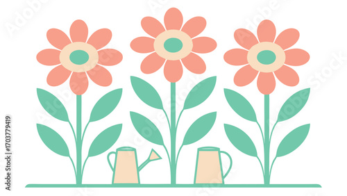 Three charming flowers with watering cans isolated on white background, a delightful illustration that brings a touch of whimsy and joy to any creative project