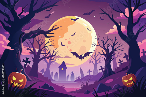 Halloween nighttime background in a spooky forest with bats flying across the sky, pumpkins, and gravestones. Vector illustration.