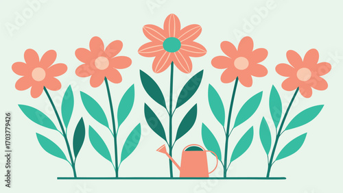 Floral garden with watering can, a simple and charming illustration of natures beauty, perfect for adding a touch of freshness and joy