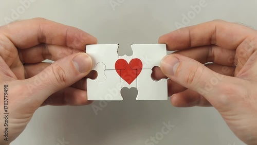 pair of human appendages grasping pale interlocking puzzle component containing crimson cardio form positioned upon faint and soft-hued backdrop