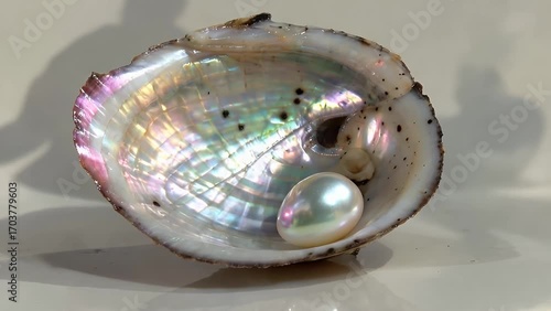 Beautiful Empty Oyster Shell with Glimmering Pearls Inside Captured in Extreme Close-Up Macro on Light Background