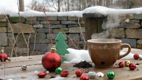 beverage containing hot infused herbal leaves served in mug emitting steam placed on aged wooden outdoor table accompanied by seasonal festive decorations during the cold season