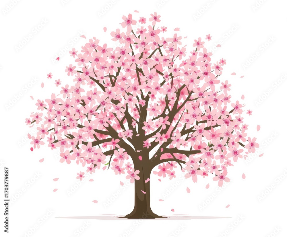 Fototapeta premium A full-bloom pink cherry blossom tree, petals gently falling against a white background, simple, vector-style illustration