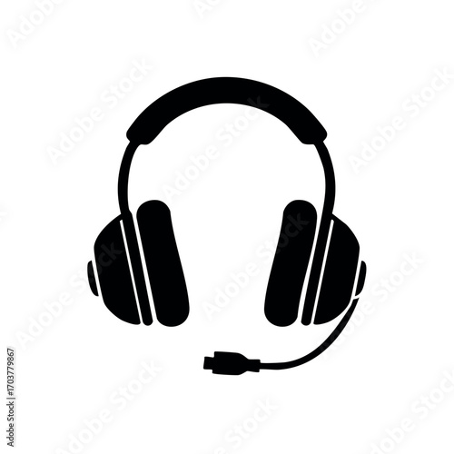 A black silhouette illustration of headphones with a microphone boom, isolated on a white background.
