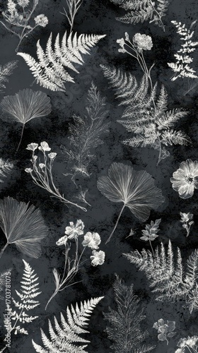 Botanical Black and White Floral Pattern Design for Wallpaper.