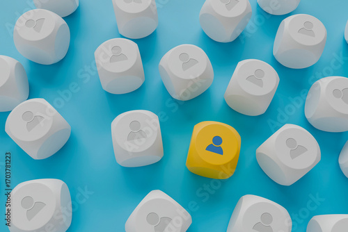 White user icon cubes on blue with one yellow block highlighted audience targeting, customer segmentation, unique persona.