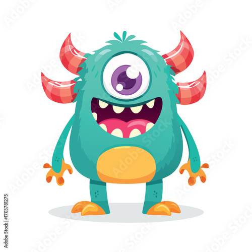 A cartoon illustration of a fluffy, turquoise monster with one large eye, red horns, and a happy expression.